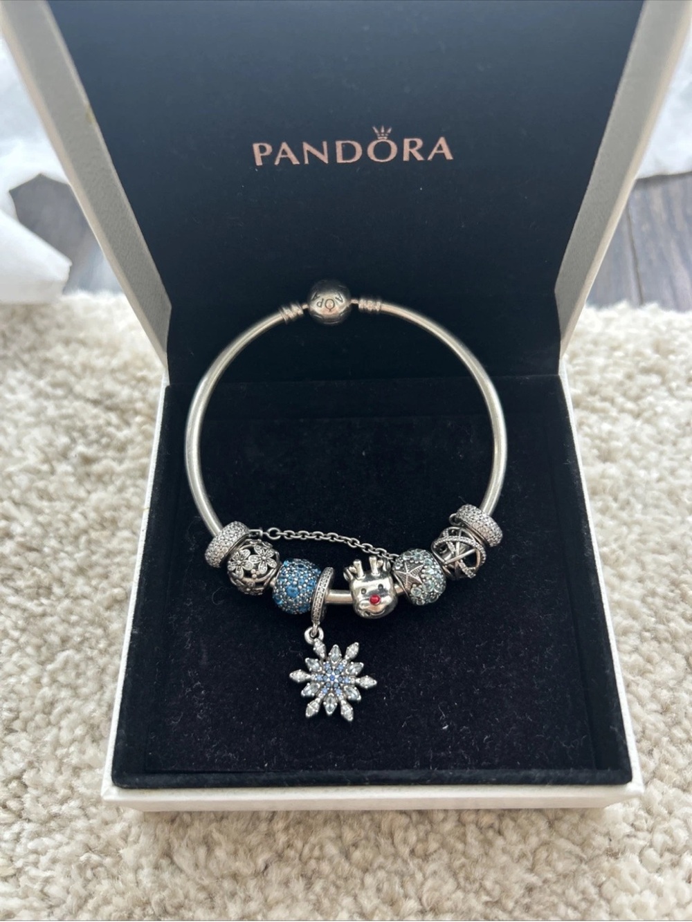 Authentic PANDORA Open Bangle Charm Bracelet Blue Snowflake Starfish Set & Box